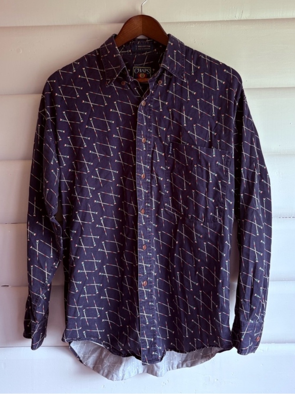 VTG Chaps Ralph Lauren Arrow Print Button Up Shirt Navy 100% Cotton VINTAGE 90s